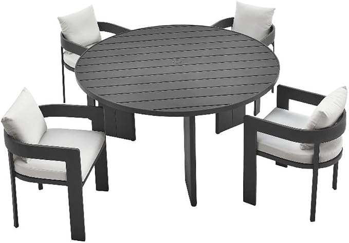 Modway Tahoe Outdoor Patio Powder-Coated Aluminum 5-Piece Dining Set in Gray White - Round Patio Furniture Set for 4 - Outside Table with Umbrella Hole and Cushioned Chairs - Modern Patio Set