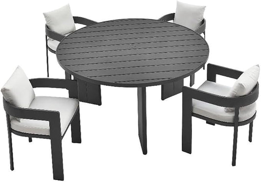 Modway Tahoe Outdoor Patio Powder-Coated Aluminum 5-Piece Dining Set in Gray White - Round Patio Furniture Set for 4 - Outside Table with Umbrella Hole and Cushioned Chairs - Modern Patio Set