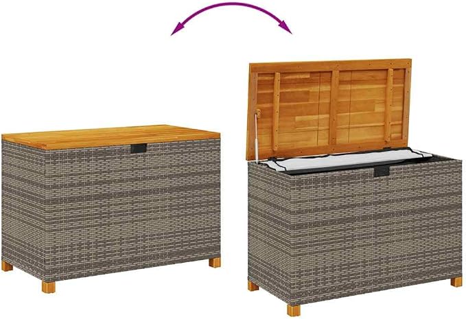Modern Poly Rattan and Acacia Wood Garden Storage Box for Cushions and Pillows, Outdoor Storage Box in Grey and Brown, 31.5x15.7x18.9 Inches