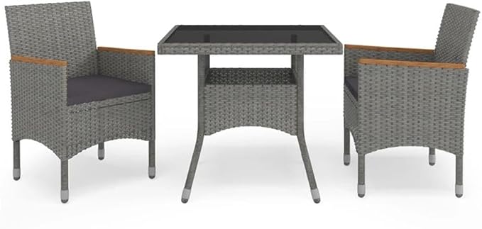 BOWERY HILL 3-Piece Patio Dining Set, Gray Poly Rattan and Acacia Wood, Weather-Resistant, Cushioned Seats, Oiled Finish, Modern Outdoor Table and Chairs for Garden, Balcony, or Terrace