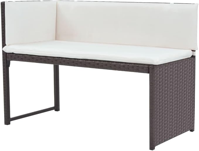 5-Piece Brown Rattan Patio Dining Set with Cushions | Includes modular sectional seating and a rectangular table with cream cushions, ideal for garden and balcony.