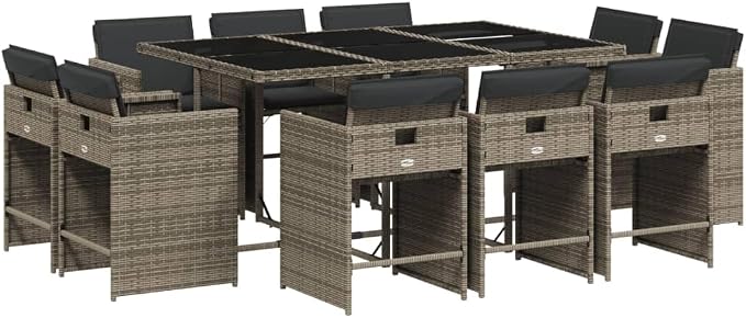 11 Piece Patio Dining Set with Cushions Gray Poly Rattan Outdoor Table and 10 Chairs Tempered Glass Top Foldable Storage Weather Resistant Garden Furniture for Backyard Deck Entertaining