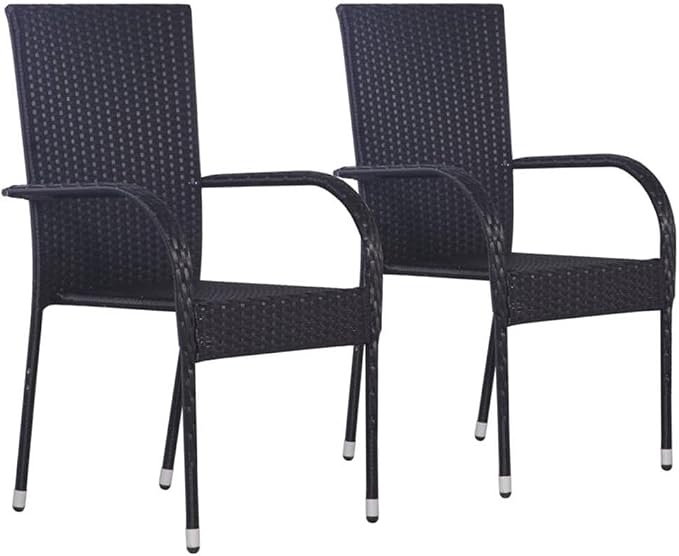 Afuera Living 3-Piece Patio Dining Set, Black Polyethylene Rattan and Powder-Coated Steel, Weather-Resistant Design, Stackable Chairs, Easy-Clean Glass Table, Modern Outdoor Furniture for Garden or