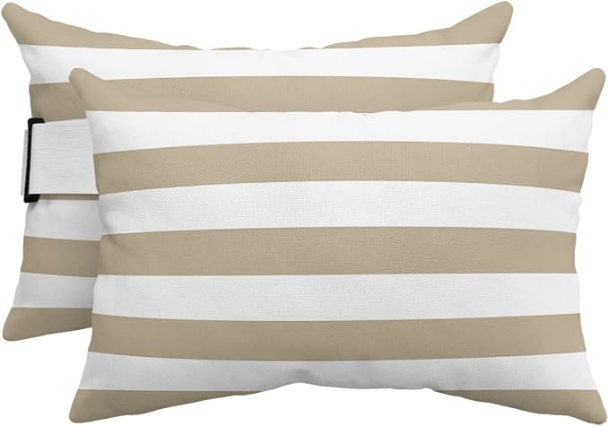 Outdoor Pillows Covers with Inserts Khaki and White Stripe Waterproof Recliner Pillow with Adjustable Strap Throw Pillows for Patio Furniture Pool Lounge Chair, 12x20 inch, 2PCS