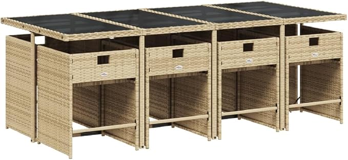 9 Piece Patio Dining Set with Cushions Beige Poly Rattan Outdoor Furniture Table and 8 Folding Chairs with Removable Cushion Covers for Backyard Garden Poolside