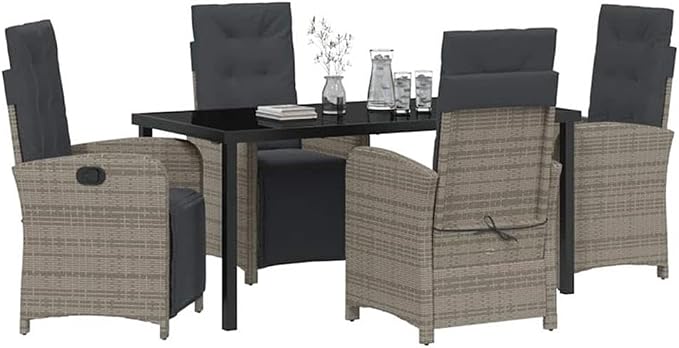 Afuera Living 5 Piece Poly Rattan Garden Dining Set, Gray with Cushions, Tempered Glass Tabletop, Weather-Resistant Frame, Modern Outdoor Patio Furniture for Gardens or Decks, Seats 4