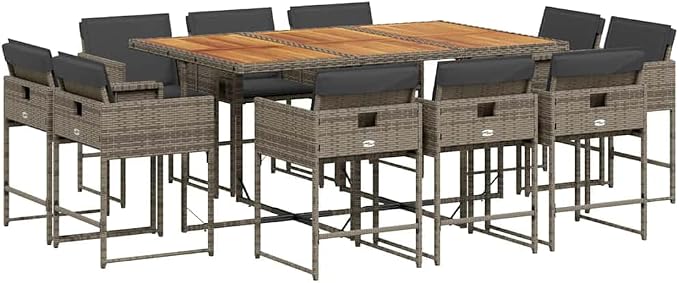 11 Piece Patio Dining Set with Cushions Gray Poly Rattan Outdoor Table and 10 Folding Chairs for Garden Backyard Porch Dining Comfortable Seating Acacia Wood Top UV Protection 242.5lb Capacity