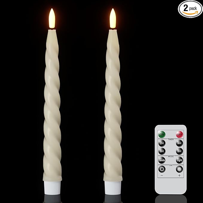 Wondise Flameless Taper Candles with Remote Timer, Real Waxy Ivory Battery Operated Candlesticks 3D Wick LED Candles for Halloween Christmas Holiday Wedding Decoration (2 Pack
