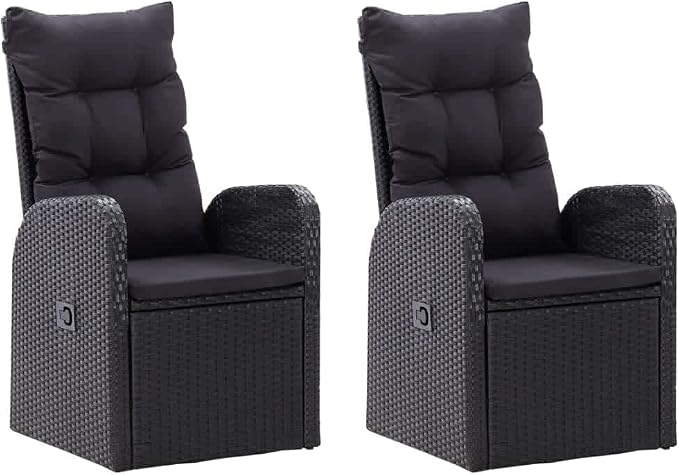7-Piece PE Rattan Patio Dining Set with Reclining Chairs, Black | Includes 6 cushioned chairs and 1 dining table, designed for outdoor use in backyards, decks, and poolsides.