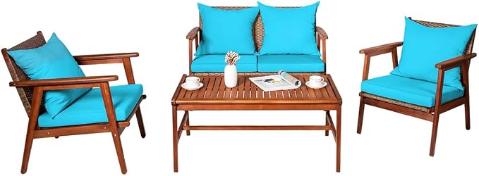 Tangkula 4 PCS Patio Wood Sofa Set, Outdoor Acacia Wood Seating Chat Set with Cushions & Coffee Table, Sectional Conversation Sofa Set for Garden, Backyard, Poolside (1, Turquoise)