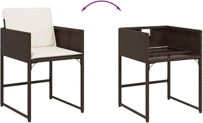 9 Piece Brown Patio Dining Set with Cushions Poly Rattan Outdoor Table and 8 Chairs Space-Saving Folding Backrest Tempered Glass Top for Garden Backyard Relaxation