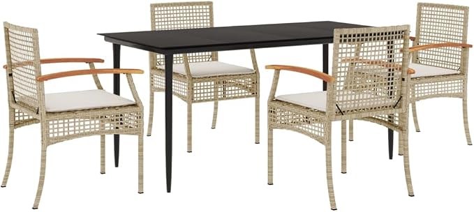 5 Piece Patio Dining Set with Cushions Beige Poly Rattan Outdoor Table and Chairs for Garden Backyard Deck Tempered Glass Top Powder Coated Steel Frame UV Proof
