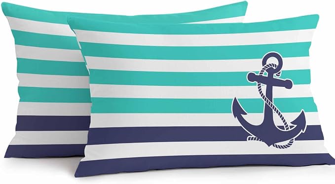 Lumbar Pillow Covers 20x12 Inch Set of 2, Anchor Turquoise Waterproof Outdoor Cushion Covers, Modern Navy Blue White Striped Nautical Decorative Pillowcases for Couch, Sofa, Bed, Garden, Patio