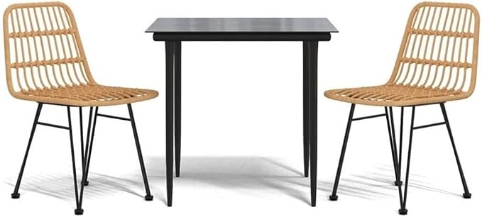 Afuera Living 3-Piece Patio Dining Set, Polyethylene Rattan & Steel, Black Finish, Includes Rectangular Tempered Glass Table and 2 Chairs, Weather-Resistant Outdoor Furniture for Garden or Balcony