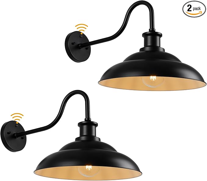 Dusk to Dawn Barn Light Outdoor, 16 Inch Farmhouse Wall Sconce, Vintage Exterior Wall Mount Lighting Fixture, Waterproof Black Lantern for Porch Garage