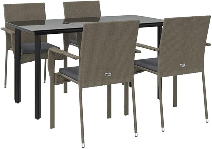 BOWERY HILL 5-Piece Garden Dining Set, PE Rattan and Powder-Coated Steel, Black and Gray Finish, Rectangular Table with 4 Cushioned Chairs, Weather-Resistant Outdoor Patio Furniture