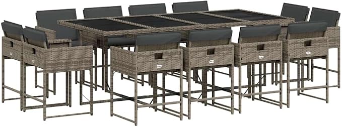13 Piece Patio Dining Set with Cushions Gray Poly Rattan Outdoor Furniture Table and Chairs for Garden Backyard Balcony UV Proof Folding Storage Removable Washable Covers Tempered Glass Top