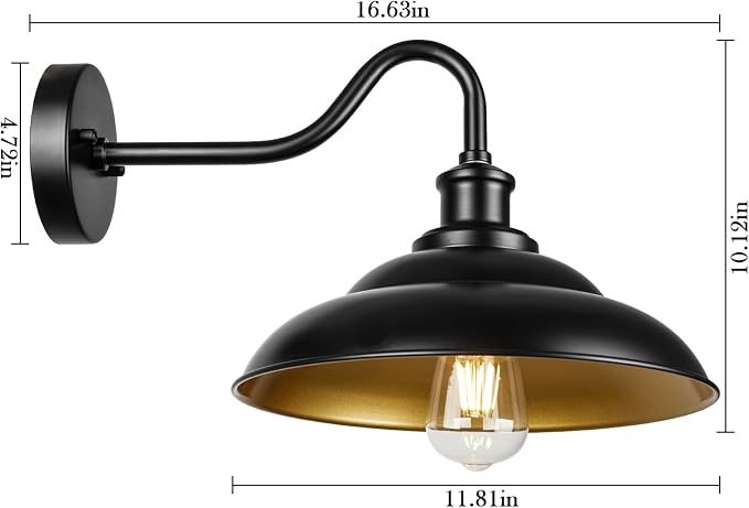 Outdoor Barn Light, 12 Inch Farmhouse Exterior Wall Mount Light, Outdoor Sconce Wall Lighting Fixture, Outside Industrial Black Lantern, Gold Interior, 3 Pack