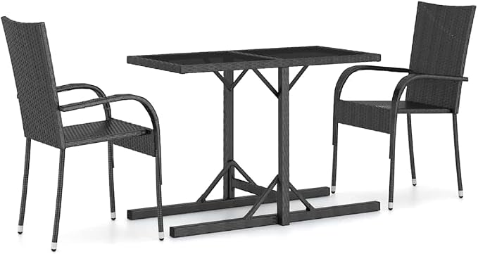 3 Piece Garden Dining Set, Black PE Poly Rattan Outdoor Furniture with Glass Top Table and 2 Stackable Chairs, Rectangular Small Patio Bistro Set for Balcony, Backyard and Terrace