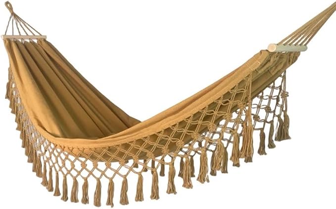 Outdoor Leisure Hammock with Tassels, Garden Anti-Rollover Swing with Storage Bag, for Travel/Camping/Beach, Load Bearing 150kg/330.7lbs(Camel)
