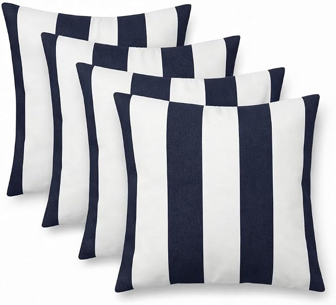 RSH DECOR: Sunbrella Square Throw Pillows Set of 4 | 24" x 24" | Water & Fade-Resistant | Outdoor Pillow Covers with Down-Alternative Inserts | Made in USA (Cabana Midnight Navy Stripe)