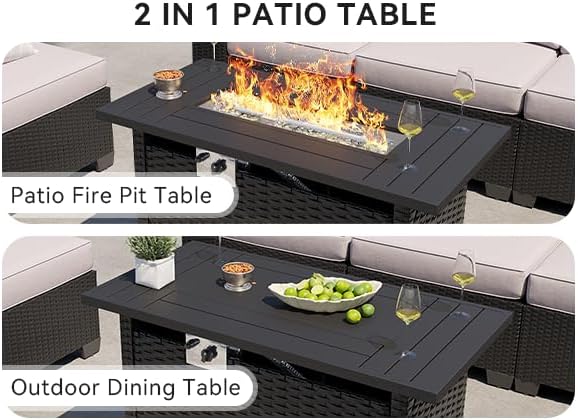 Aoxun Patio Furniture Sets with 44'' Fire Pit, 10 Pcs Outdoor Patio Coversation Set with 4'' Thicken Cushion, Widen Armrests Wicker Outdoor Sectional for Backyard & Garden, Black