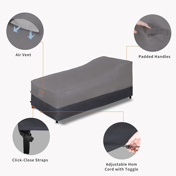 Easy-Going Waterproof Outdoor Chaise Lounge Cover, Heavy Duty Patio Lounge Chair Cover, Windproof Outdoor Furniture Cover with Air Vent 1 Pack-84Wx34Dx32H inch, Gray/Dark Gray