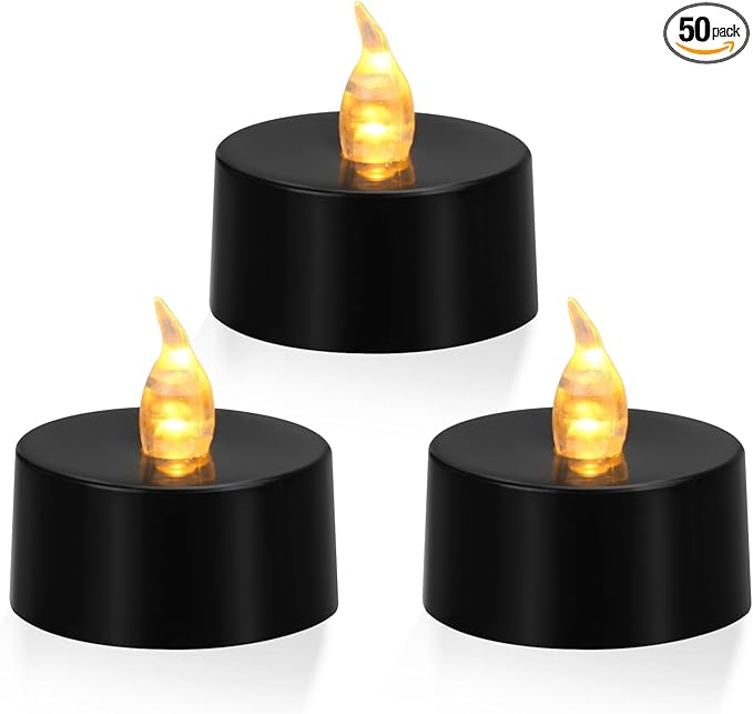 KOABY 50 Pack Warm Yellow Light Non-Flickering Flameless Tea Lights, Black Base, Last 100H+, Battery Operated Tea Lights for Decor