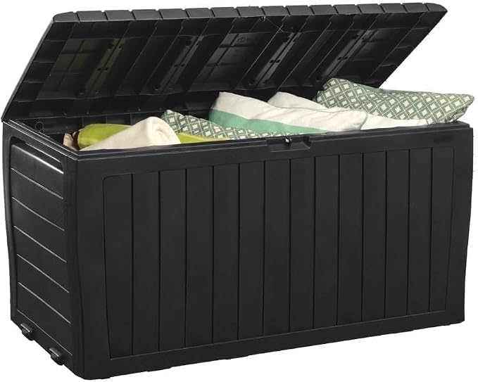 71 Gallon Outdoor Deck Box with Wood-Look Texture, Weatherproof Resin Storage Container for Patio Cushions, Graphite