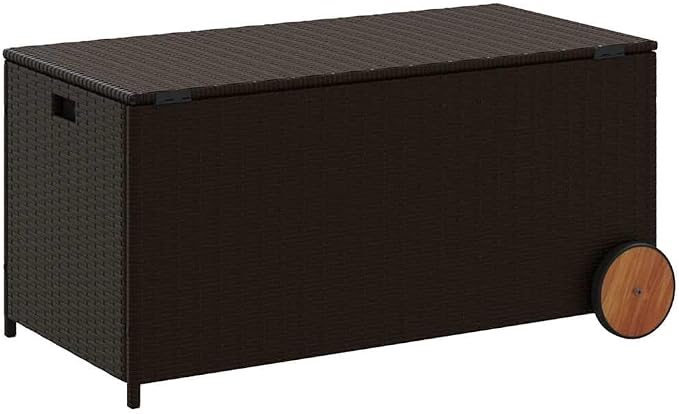 50 Gallon Garden Storage Box with Wheels, Outdoor Patio Deck Bin for Cushions, Blankets, and Pillows, Durable Weather-Resistant PE Rattan Container, Brown