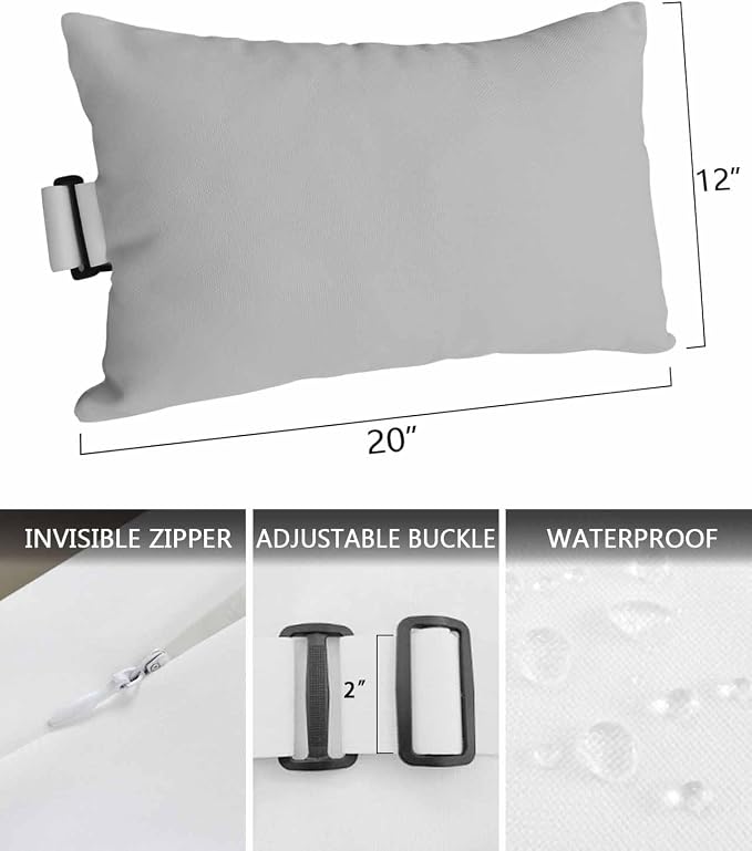 Outdoor Waterproof Lumbar Pillow Gray Waterproof Headrest Pillow Lumbar Pillows with Insert & Adjustable Elastic Strap Simple Style Pillows for Patio Beach Pool Chaise Chair 1 Pack 12x20 inch