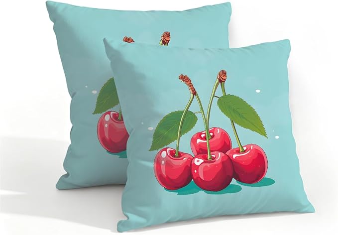 16x16 Inch Outdoor Pillow Covers Set of 2 Waterproof Throw Pillow Covers Decorative Couch Cushion Covers Cherry Cute Square Pillowcases Protectors for Patio Garden Sofa