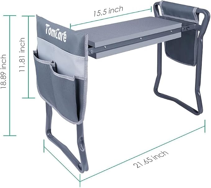 TomCare Garden Kneeler and Seat, Sturdy Garden Bench, Foldable Garden Stool | Heavy Duty Garden Seat, 2 Side Tool Pouches, Foldable Design, Gardening Gift for Women, Men and Gardeners, Gray
