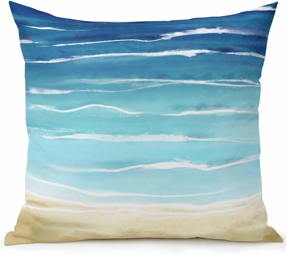 1 Pack Outdoor Pillows Waterproof, Blue Beige Ombre Indoor/Outdoor Throw Pillows with Inserts, Coastal Nautical Summer Beach Wave Decorative Pillow for Patio Furniture Chairs Couch 16"x16"
