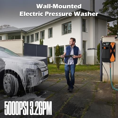 5000PSI Wall Mounted PowerWasher with 4 Quick Connect Nozzles, Foam Cannon for Car, Lane, Patio Cleaning, Orange