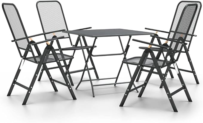 5 Piece Patio Dining Set with Expanded Metal Mesh Anthracite Outdoor Furniture for Garden, Backyard, Deck, 7-Position Reclining Chairs with E-Coating, Space-Saving Foldable Table and Chairs Set
