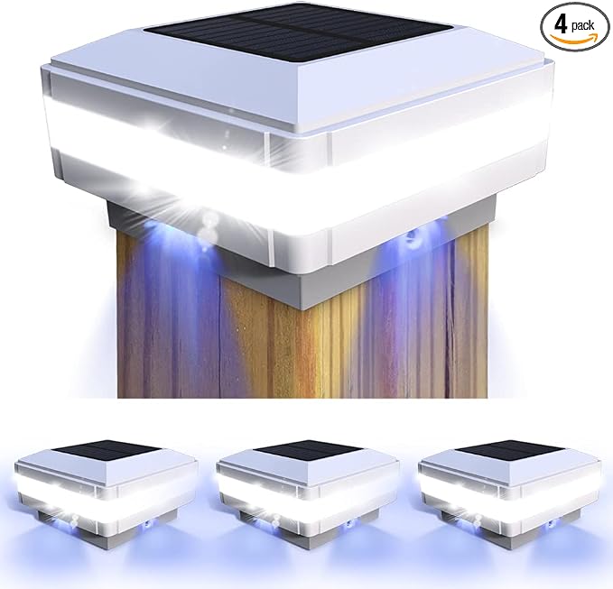 Solar Outdoor Post Cap Lights, 160LM 6000K Cool White, IP65, 4 Pack White | 52 LEDs High Brightness, Waterproof Fence Post Lights Compatible with 4x4 5x5 Wooden Posts, for Fence Deck Patio Garden Yard