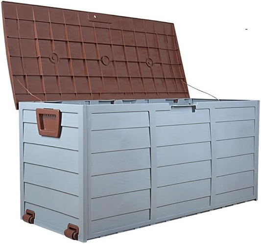 Plastic Outdoor Storage Box with Wheels, Movable Deck Box for Patio, Water-Resistant Tool Chest Cabinet, Portable Storage Bin for Garden, Yard and Balcony(Brown)
