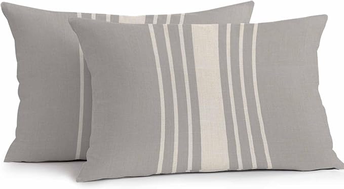 Vandarllin Outdoor Throw Pillows Covers 20x12 inch Set of 2 Waterproof Grey Vertical Stripes Decorative Zippered Cushion Covers for Patio Furniture, Classic Striped Linen Lumbar Pillowcases