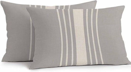 Vandarllin Outdoor Throw Pillows Covers 20x12 inch Set of 2 Waterproof Grey Vertical Stripes Decorative Zippered Cushion Covers for Patio Furniture, Classic Striped Linen Lumbar Pillowcases