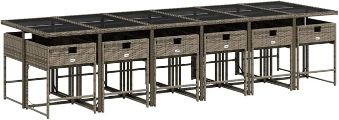 13 Piece Patio Dining Set, 12-Seater Outdoor Furniture, PE Rattan Garden Table and Chairs, Space-Saving Foldable Cube Seating with Cushions, Gray