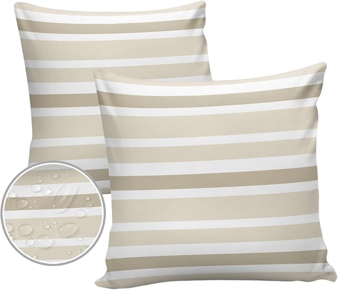 Outdoor Waterproof Throw Pillow Covers Set of 2 Khaki Beige Stripes Decorative Outdoor Pillows Cushion Case 16x16 Inch Classic Striped Patio Pillows for Couch Sofa Bed Garden Office Home Decor