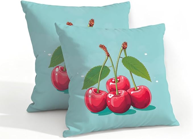 18x18 Inch Outdoor Pillow Covers Set of 2 Waterproof Throw Pillow Covers Decorative Couch Cushion Covers Cherry Cute Square Pillowcases Protectors for Patio Garden Sofa