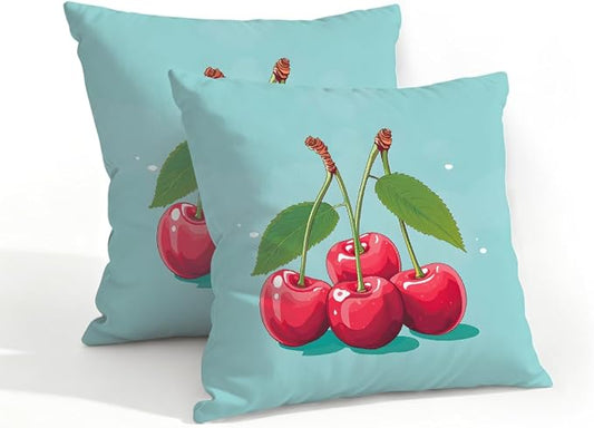 18x18 Inch Outdoor Pillow Covers Set of 2 Waterproof Throw Pillow Covers Decorative Couch Cushion Covers Cherry Cute Square Pillowcases Protectors for Patio Garden Sofa