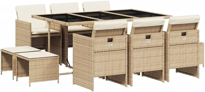11 Piece Patio Dining Set with Cushions Beige Poly Rattan Outdoor Furniture Table and 6 Chairs with Foldable Backrest Space-Saving Design for Garden Backyard Deck Entertaining