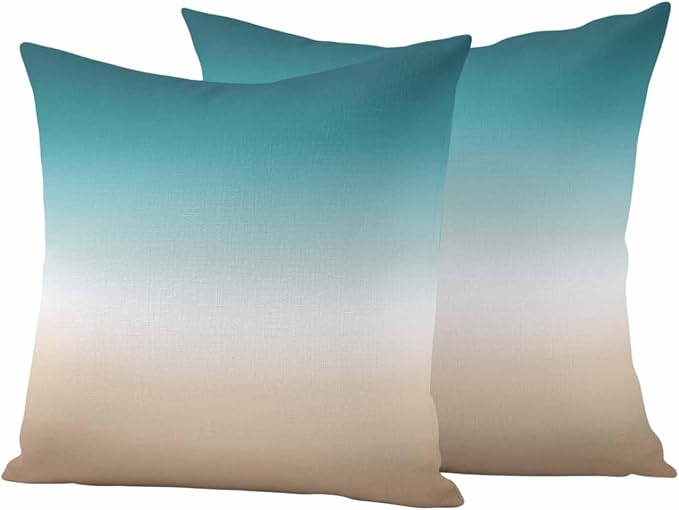 Outdoor Pillow Covers Set of 2, Teal to Khaki Gradient Art Decorative Throw Pillow Covers 16X16IN, Turquoise Watercolor Style Throw Pillows Protector Cushion Case for Patio,Couch,Sofa,Garden