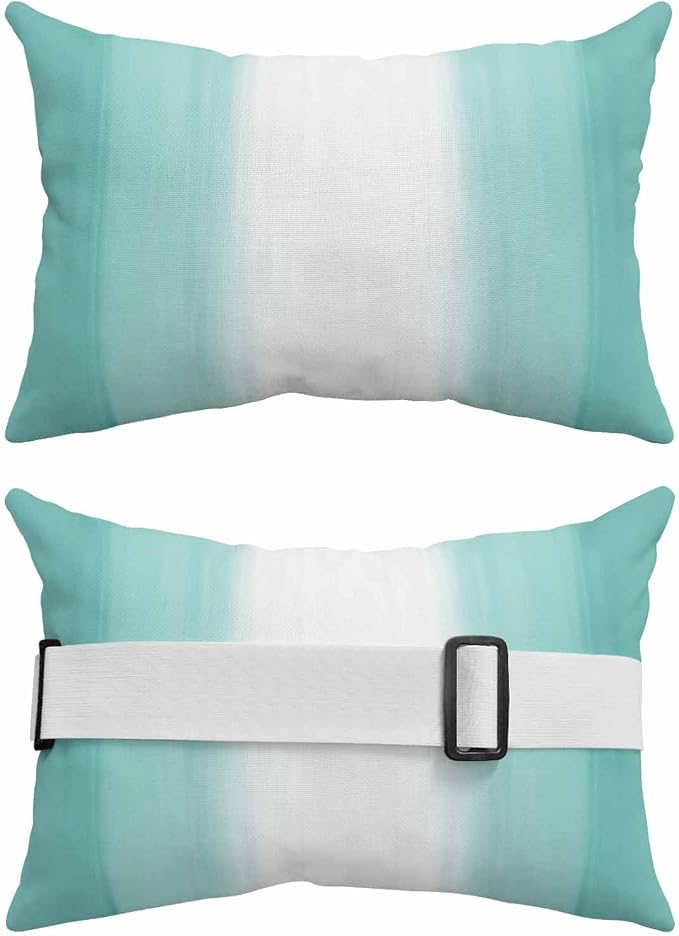 Outdoor Lumbar Pillow Set of 2, Turquoise Ombre Waterproof Beach Headrest Pillow with Inserts, Modern Abstract Art Striped Gradient Recliner Throw Pillows for Patio Furniture, 11 x 16