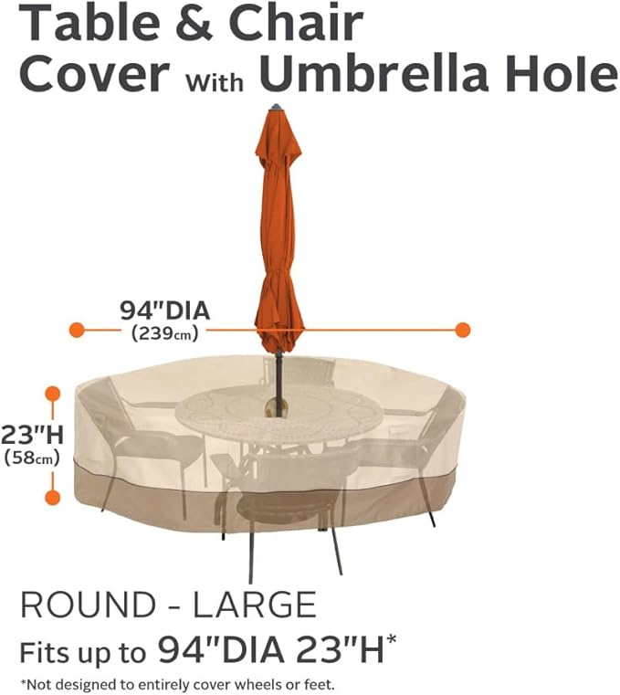 Classic Accessories Veranda Water-Resistant 94 Inch Round Patio Table & Chair Set Cover with Umbrella Hole, Outdoor Table Cover