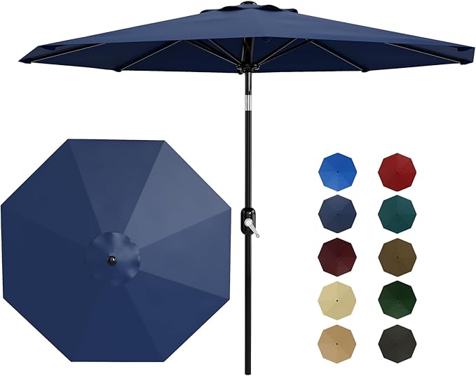 Garvee 9/10 FT Solar Patio Umbrella with 32 LED Lights - Outdoor Table Umbrella with Crank Lift, Push Button Tilt and 8 Sturdy Ribs - Market Umbrella UV Protection for Pool, Deck, Yard, Garden