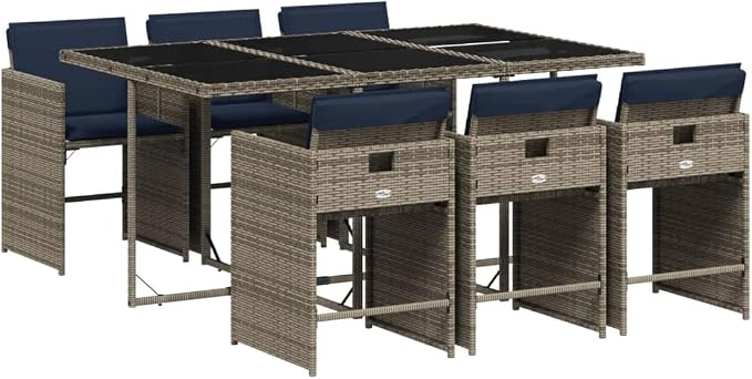 7 Piece Garden Dining Set with Cushions Grey Poly Rattan Outdoor Patio Furniture Table and 6 Chairs with Foldable Design Tempered Glass Top UV Resistant for Backyard